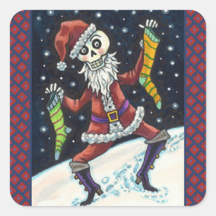 JINGLE BOTTEN SANTA, HOLIDAY SKELETON & STOCKINGS VIERKANTE STICKER