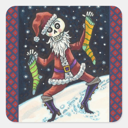 JINGLE BOTTEN SANTA, HOLIDAY SKELETON & STOCKINGS VIERKANTE STICKER (Voorkant)