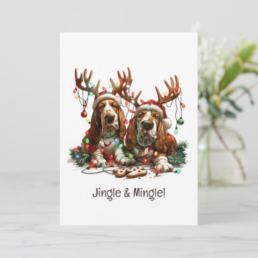 Jingle en Mingle Christmas Basset Hound Honden Kaart (Staand voorkant)