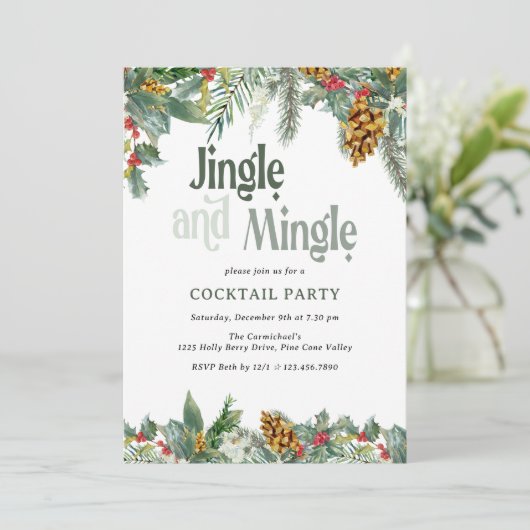 Jingle en Mingle Holly Pine Kerstcocktail Kaart (Staand voorkant)