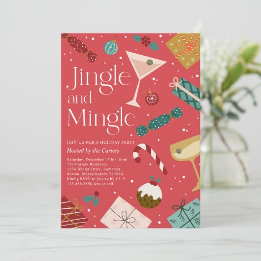 Jingle en Mingle Kerstfeestdag Cocktail Party Kaart (Staand voorkant)