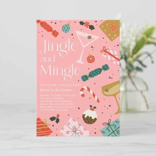 Jingle en Mingle Kerstfeestdag Cocktail Party Kaart (Staand voorkant)