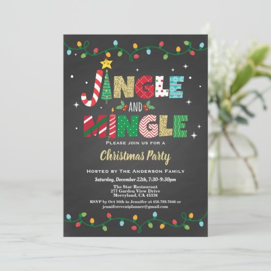 Jingle en Mingle Kerstparty, zwart en goud Kaart (Staand voorkant)