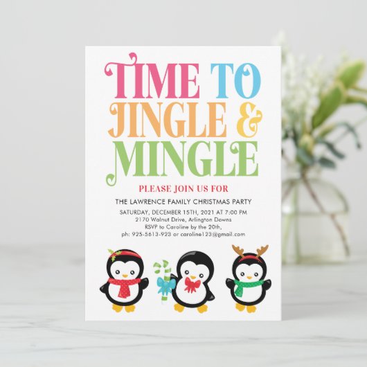 Jingle en Mingle Penguin Fun kerstparty Kaart (Staand voorkant)
