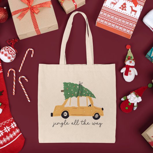 Jingle helemaal naar auto en kerstboomvakantie tote bag