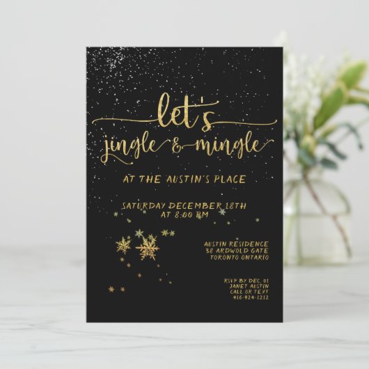 Jingle Mingle Black Gold Calligraphy Holiday Party Kaart (Staand voorkant)
