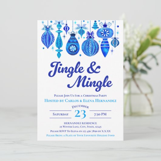 Jingle & Mingle Blue Christmas Baubles Waterverf Kaart (Staand voorkant)