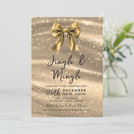 Jingle & Mingle Christmas Party Gold Sparkle Bow  Kaart (Staand voorkant)