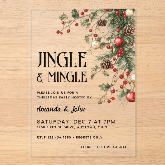 Jingle & Mingle Feestelijk Kerstfeest Acryl Uitnodigingen (Voorkant)