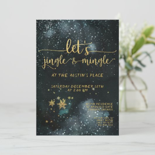 Jingle & Mingle Gold Calligraphy Holiday Party Kaart (Staand voorkant)