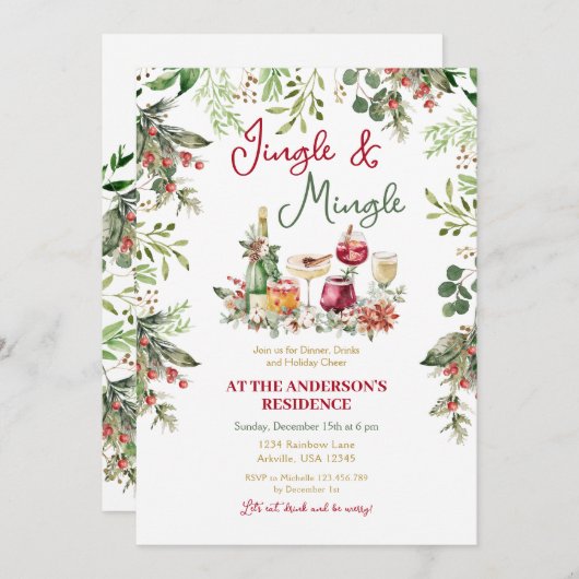 Jingle & Mingle Greenery Cocktail Kerstdiner Kaart (Voorkant / Achterkant)