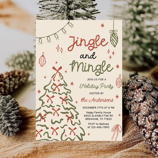 Jingle & Mingle Hand Drawn Christmas Holiday Party Kaart