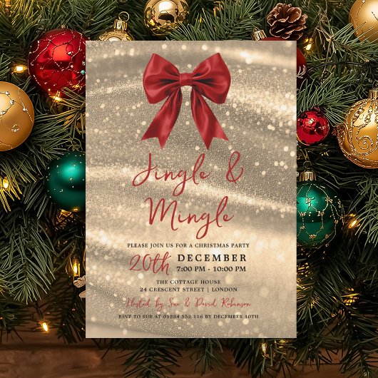 Jingle & Mingle Kerstfeest Goud Glitter Rode Strik Kaart