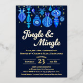 Jingle & Mingle Navy Christmas Baubles Waterverf Folie Uitnodiging (Voorkant)