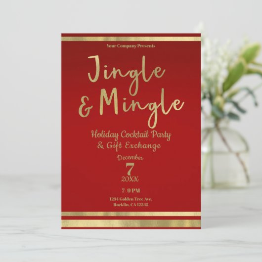 Jingle & Mingle Red Gold Corporate Christmas Party Kaart (Staand voorkant)