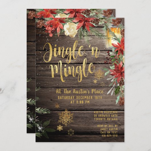 Jingle & Mingle Rustiek Goud Kalligrafie Partij Kaart (Voorkant / Achterkant)