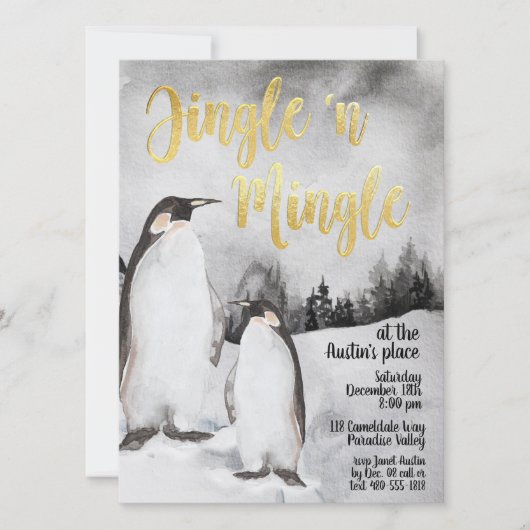 Jingle & Mingle Waterverf Penguins Party Invite Kaart (Voorkant)
