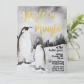 Jingle & Mingle Waterverf Penguins Party Invite Kaart (Staand voorkant)