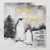 Jingle & Mingle Waterverf Penguins Party Invite Kaart (Voorkant / Achterkant)