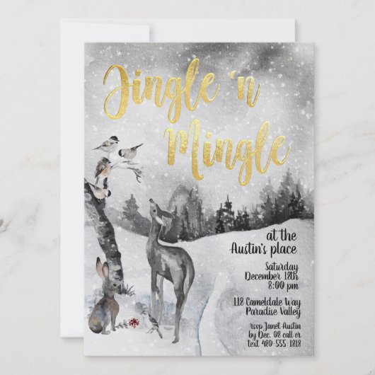 Jingle & Mingle Waterverf Woodland Party Invite Kaart (Voorkant)