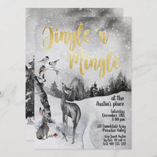 Jingle & Mingle Waterverf Woodland Party Invite Kaart (Voorkant / Achterkant)