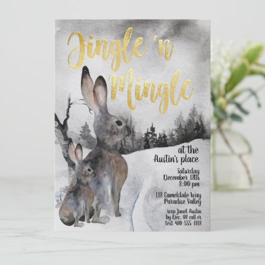 Jingle & Mingle Waterverf Woodland Party Invite Kaart (Staand voorkant)