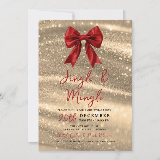 Jingle & Mingle Xmas Party Gold Sparkle Red Bow  Kaart (Voorkant)