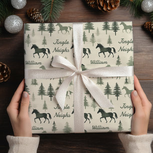Jingle Neighs Paarden en Pine Tree Groene Kerstmis Cadeaupapier
