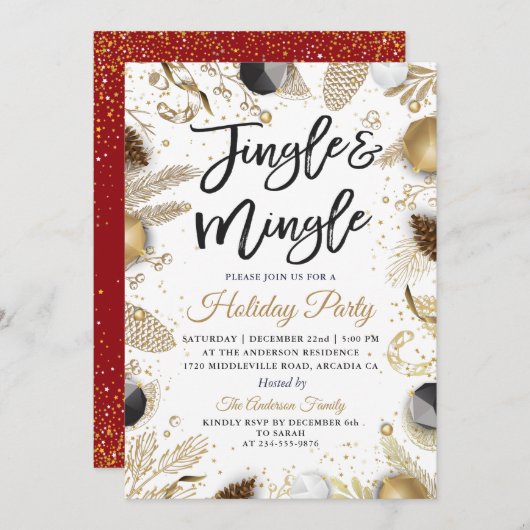 Jingle Red Gold-feestdag Kaart (Voorkant / Achterkant)