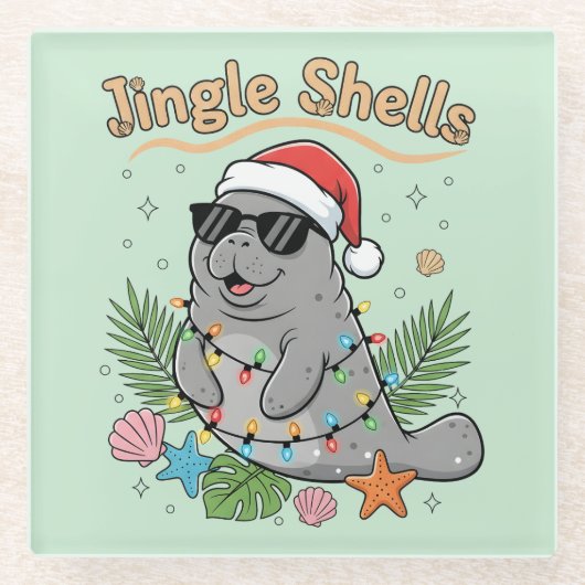 Jingle Shells Tropical Santa Manatee Christmas Glazen Onderzetter (Voorkant)