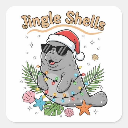 Jingle Shells Tropical Santa Manatee Christmas Vierkante Sticker (Voorkant)