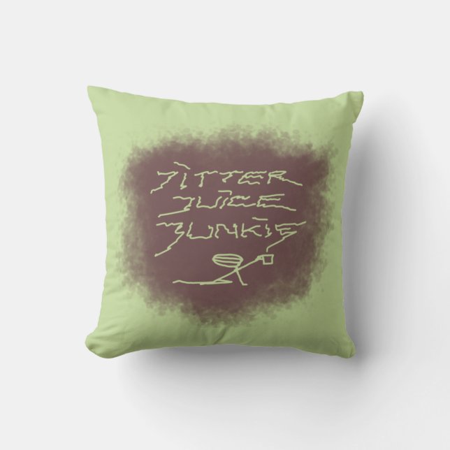 Jitter Juice Junkie - koffiekunst op groen. Kussen (Voorkant)