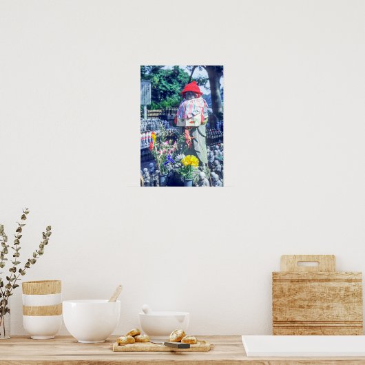 Jizo monk beeld met bib en pet poster (Keuken)
