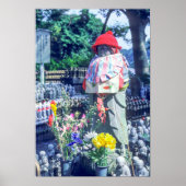 Jizo monk beeld met bib en pet poster (Voorkant)
