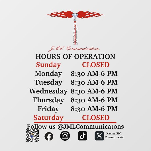 JML Communications Hours of Operation Window Cling Raamsticker (Vel)