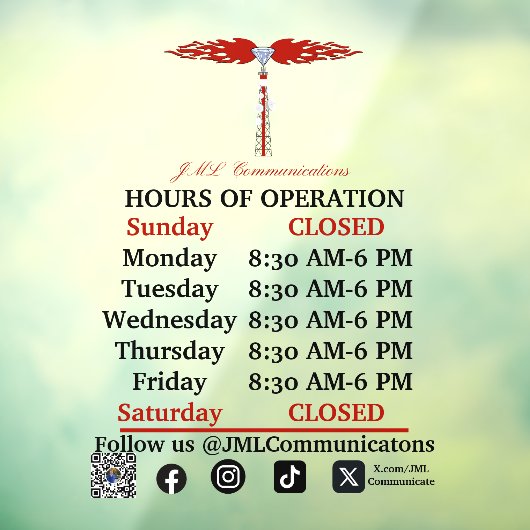 JML Communications Hours of Operation Window Cling Raamsticker (Vel 3)