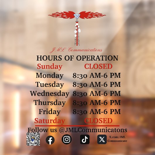 JML Communications Hours of Operation Window Cling Raamsticker (Vel 2)