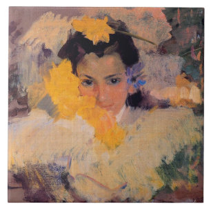 Joaquin Sorolla - Meisje met bloemen Tegeltje