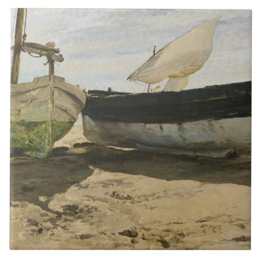 Joaquin Sorolla - Vissende boten op het strand Tegeltje (Voorkant)
