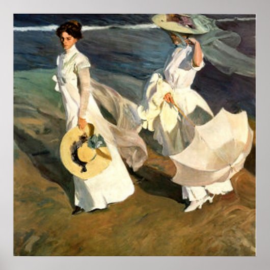 Joaquín Sorolla y Bastida loopt op het strand Poster (Voorkant)