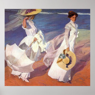 Joaquín Sorolla y Bastida loopt op het strand Poster