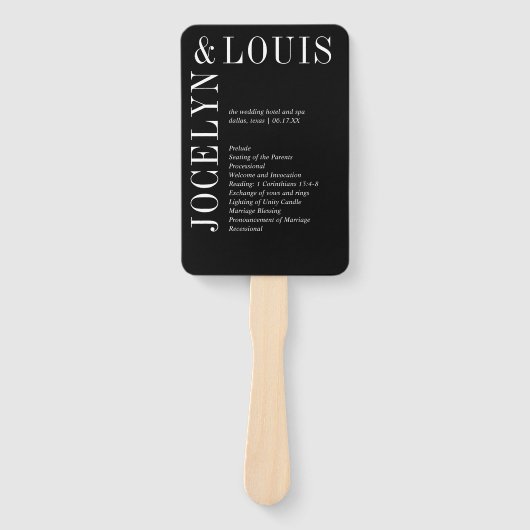 Jocelyn Black Modern huwelijksprogramma Handwaaier (Voorkant)
