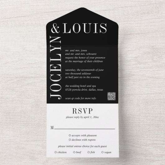 Jocelyn Black Modern Wedding All In One Uitnodiging (Binnen)