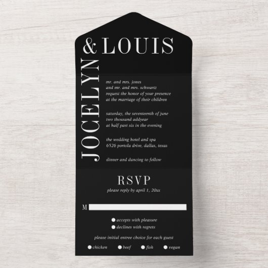 Jocelyn Black Modern Wedding All In One Uitnodiging (Binnen)