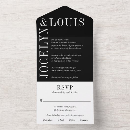 Jocelyn Black Modern Wedding All In One Uitnodiging (Binnen)