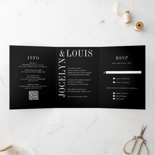 Jocelyn Black Modern Wedding Drieluik Uitnodiging (Binnen)