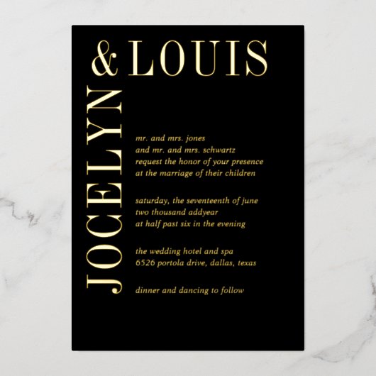 Jocelyn Black Modern Wedding Folie Uitnodiging (Voorkant)