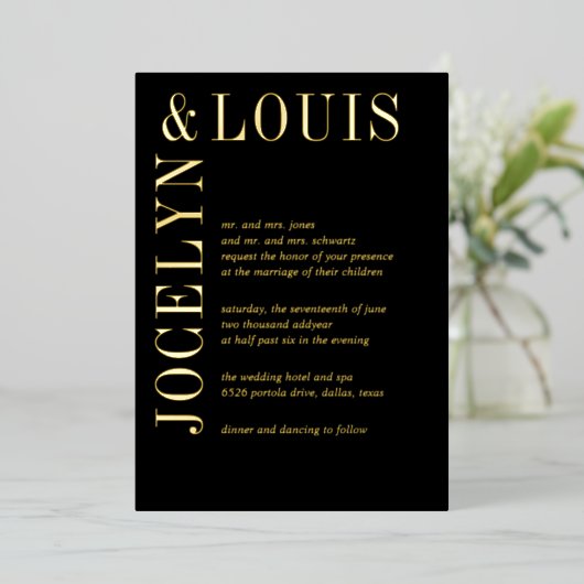 Jocelyn Black Modern Wedding Folie Uitnodiging (Staand Voorkant)