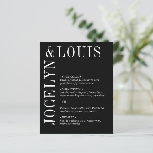 Jocelyn Black Modern Wedding Menu (Staand voorkant)