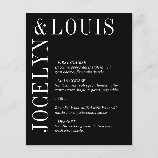 Jocelyn Black Modern Wedding Menu (Voorkant)